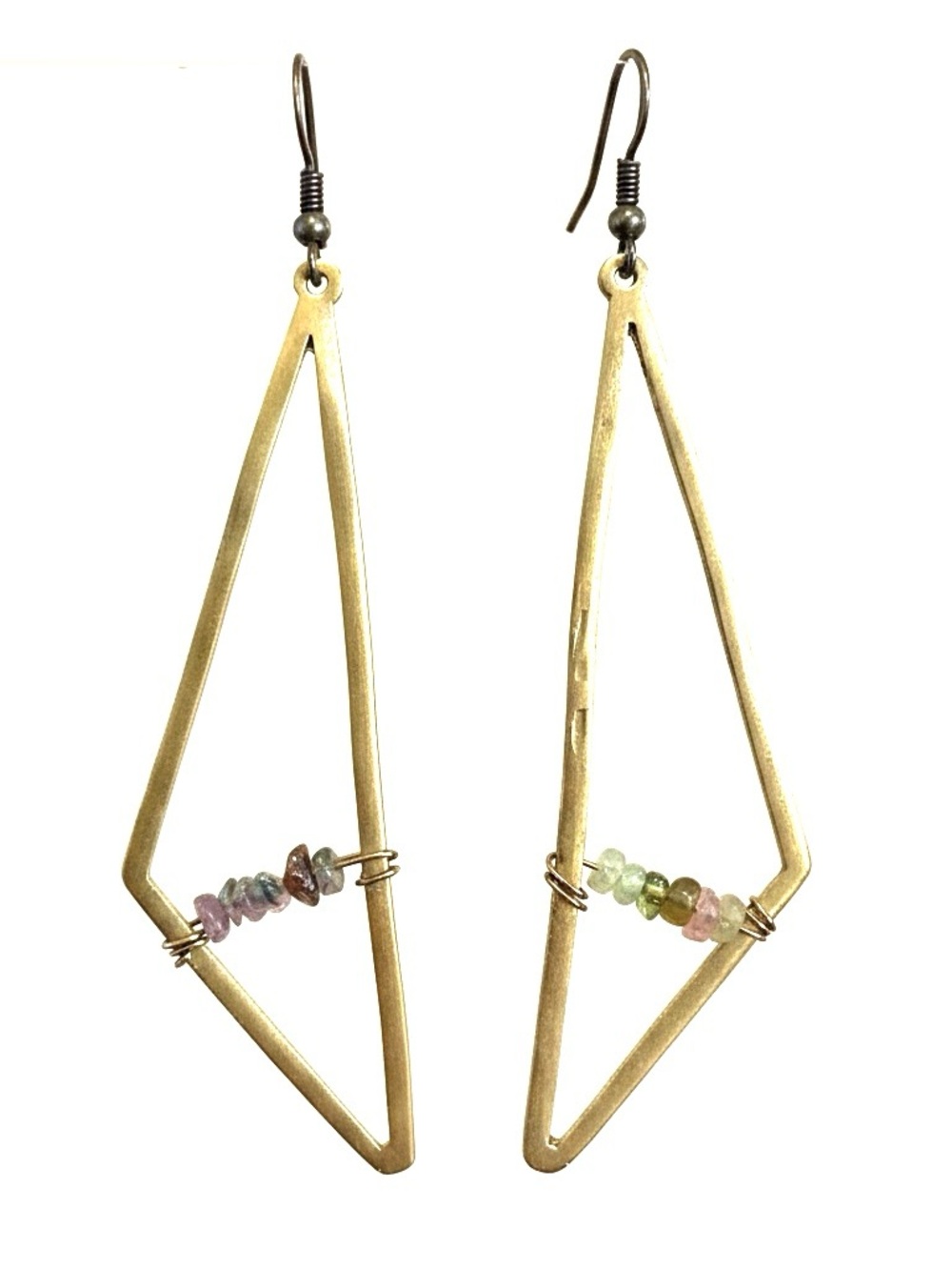 Geometric Hammered Brass Earrings with Multicolor Stones